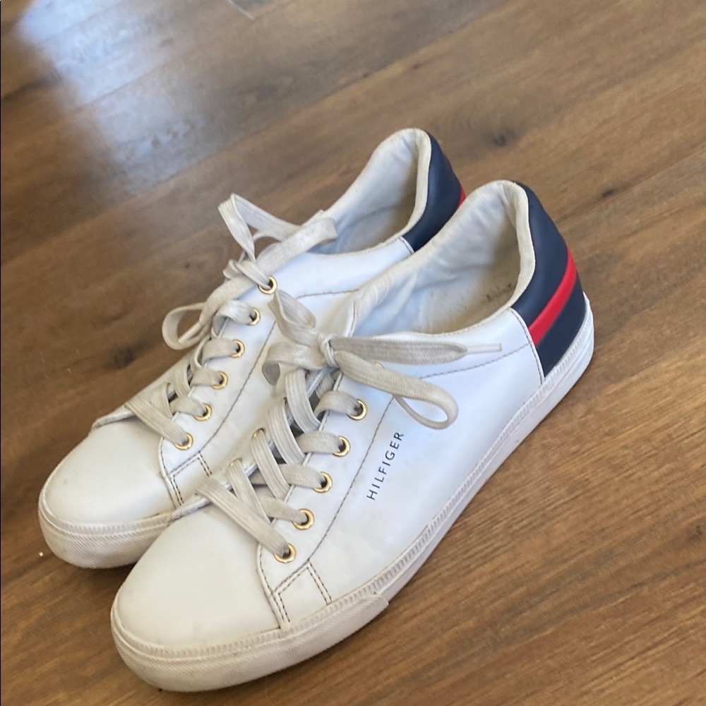 Tommy Hilfiger White and Red Sneakers with Perforated Toe Box